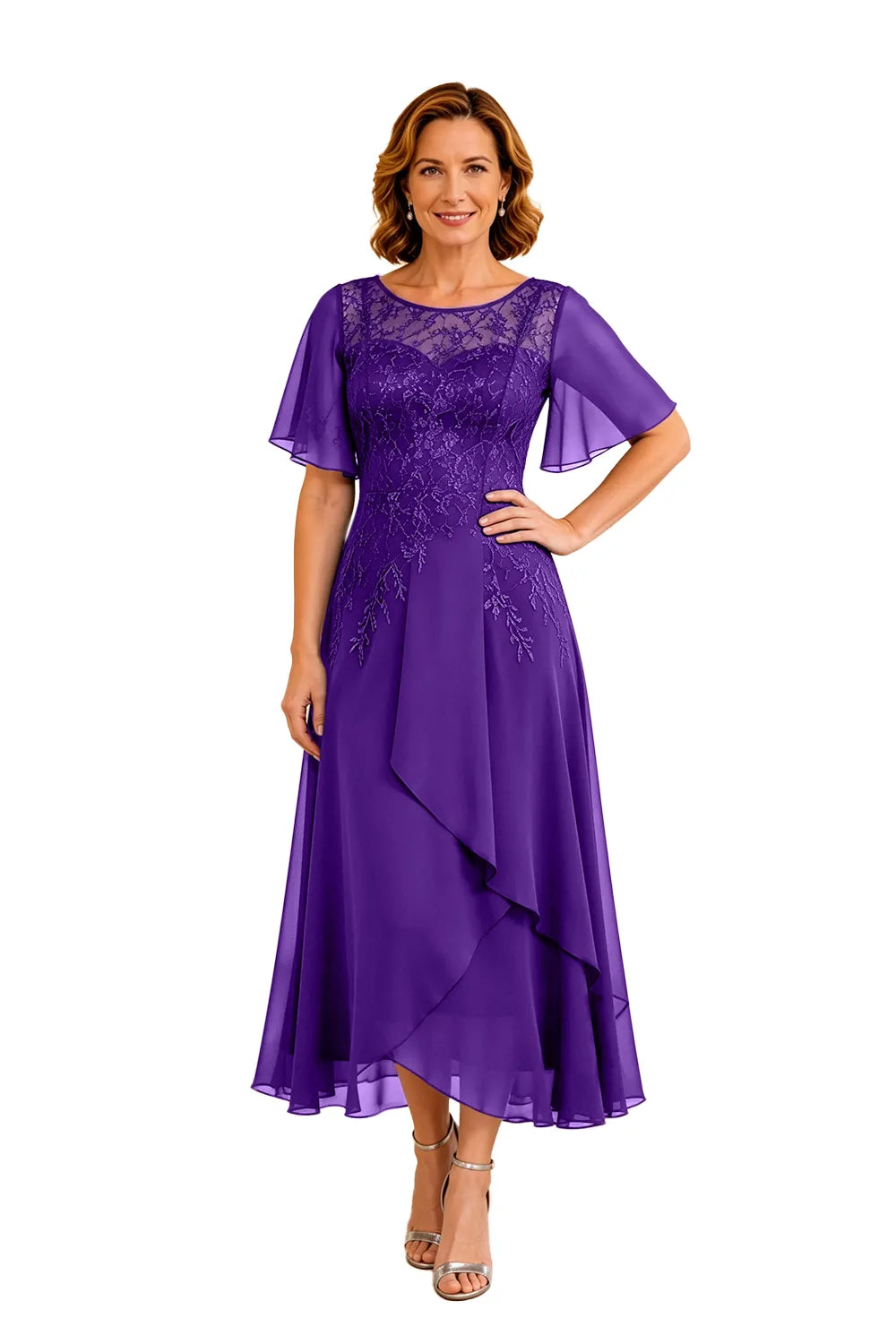 Refined Lace Panel Chiffon Occasion Midi Dress