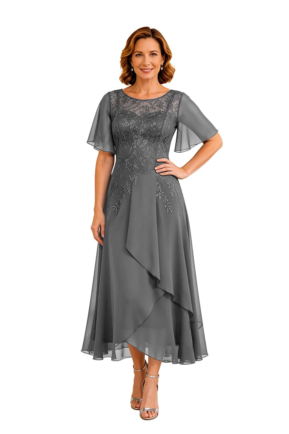 Refined Lace Panel Chiffon Occasion Midi Dress