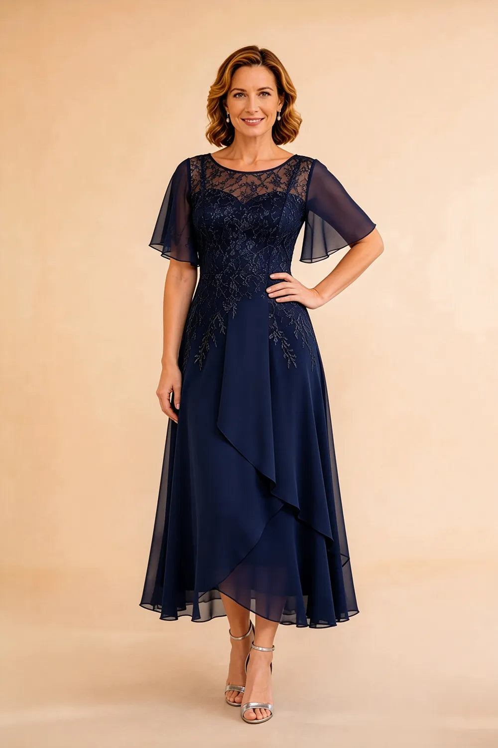 Refined Lace Panel Chiffon Occasion Midi Dress