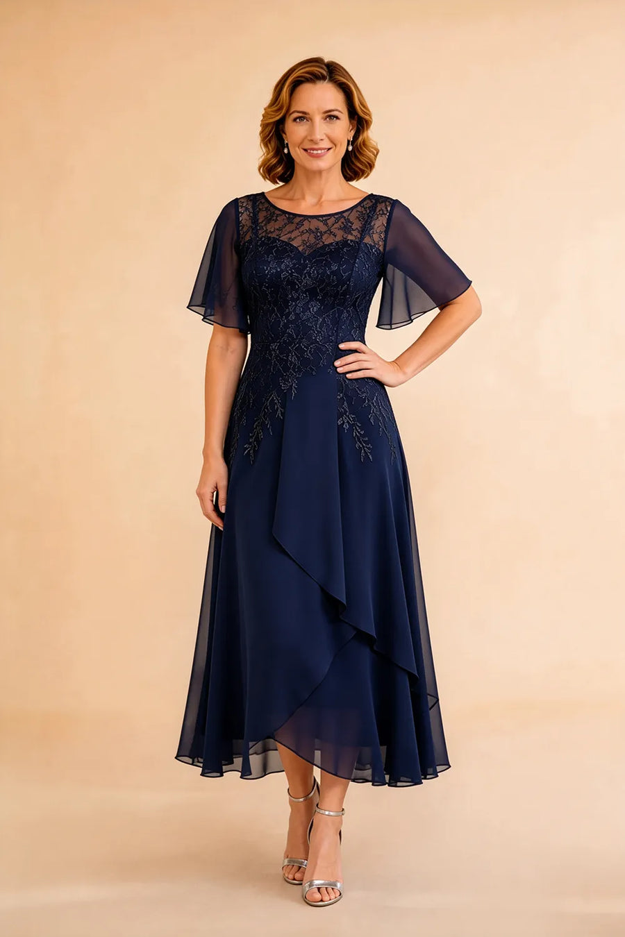 Refined Lace Panel Chiffon Occasion Midi Dress
