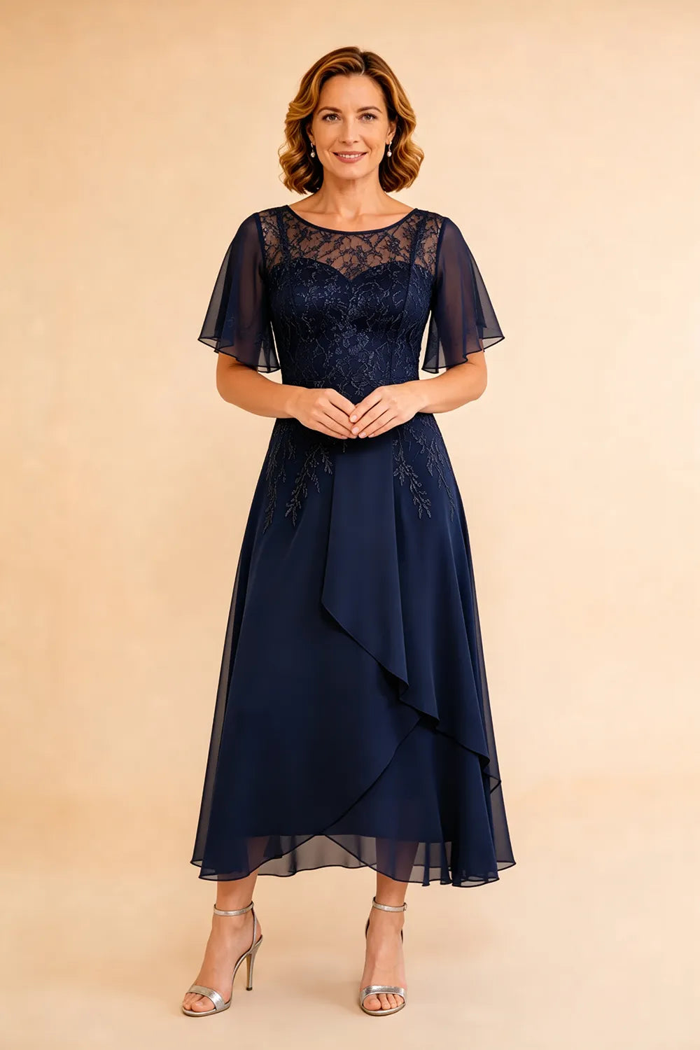 Refined Lace Panel Chiffon Occasion Midi Dress