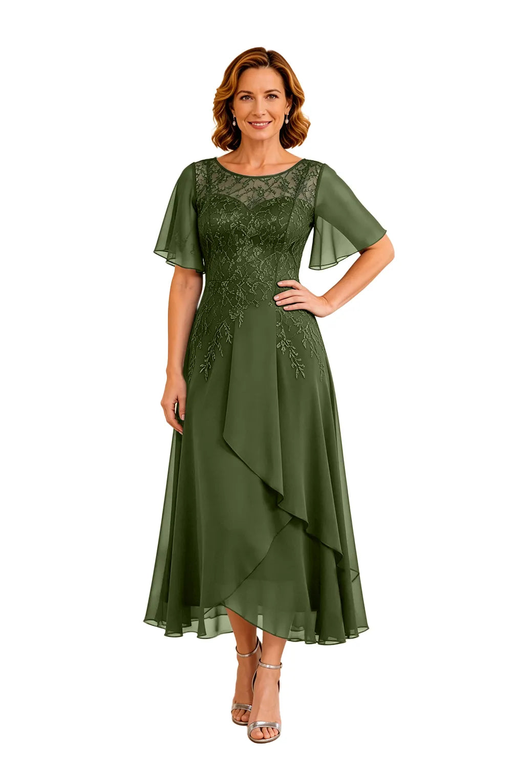 Refined Lace Panel Chiffon Occasion Midi Dress