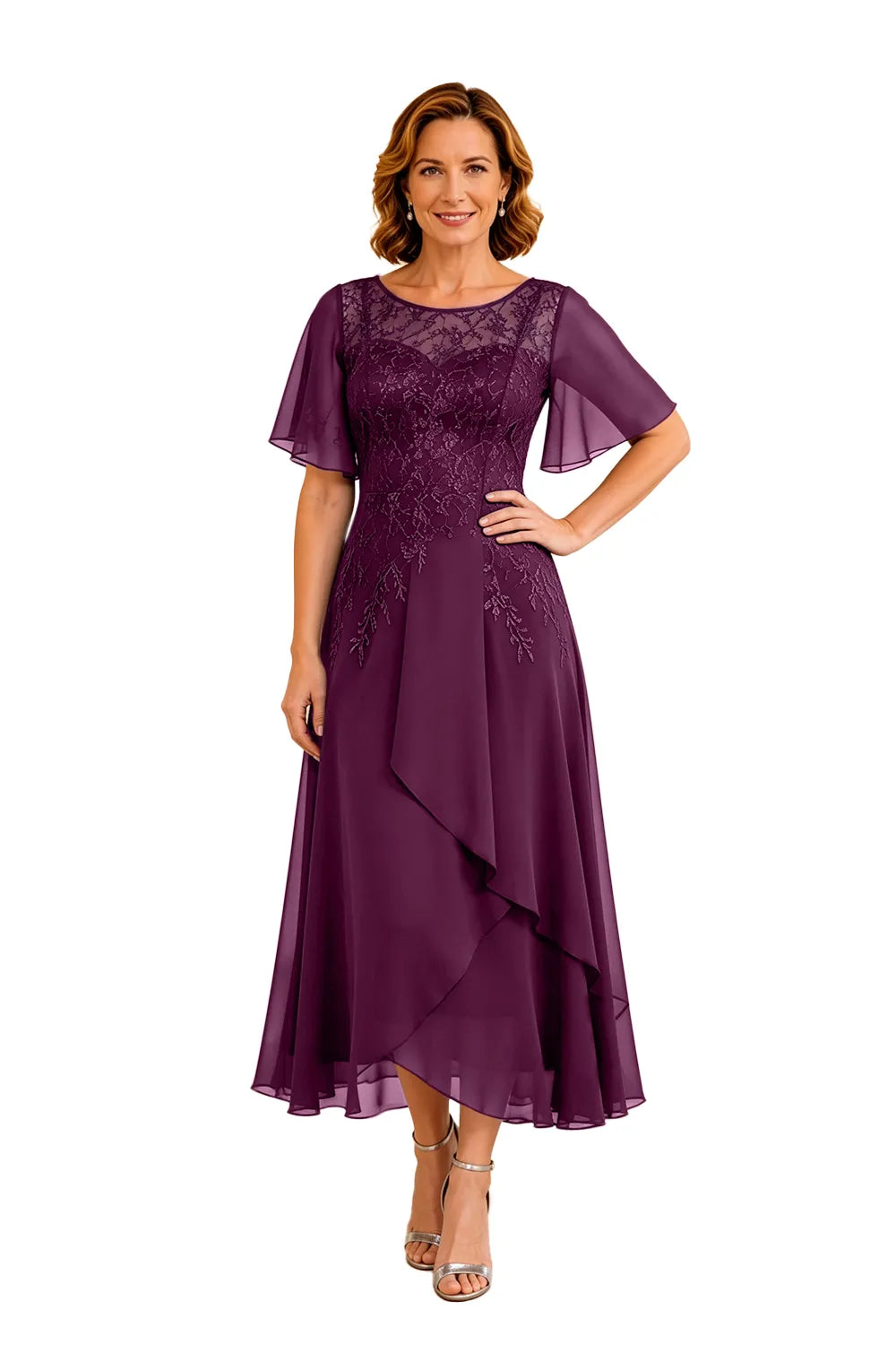Refined Lace Panel Chiffon Occasion Midi Dress