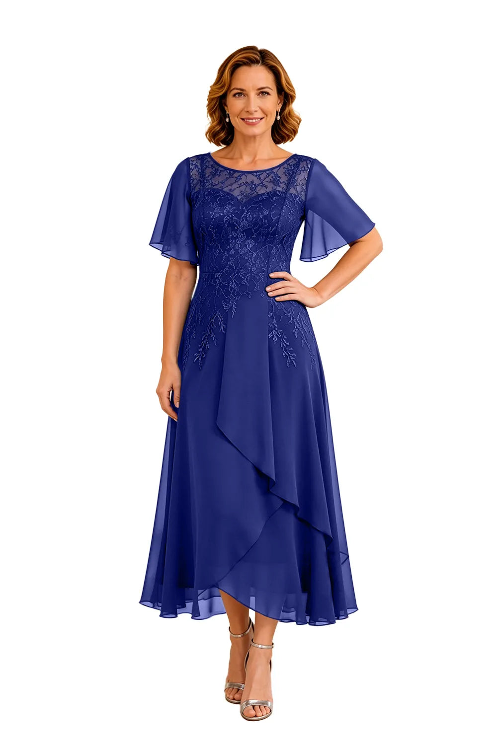 Refined Lace Panel Chiffon Occasion Midi Dress