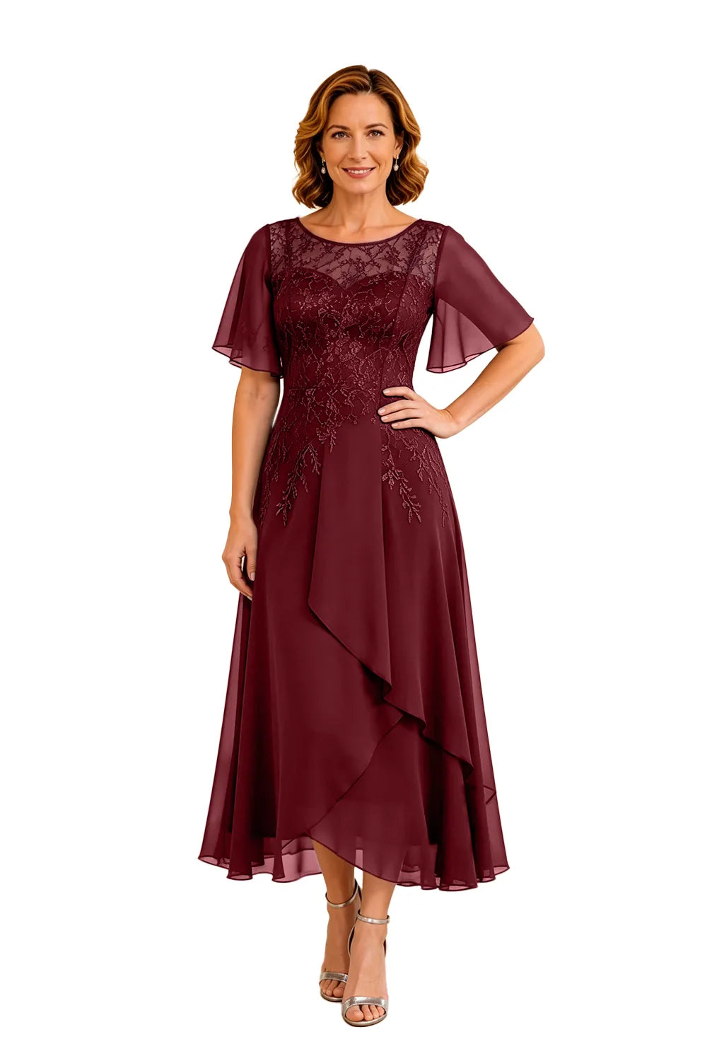 Refined Lace Panel Chiffon Occasion Midi Dress
