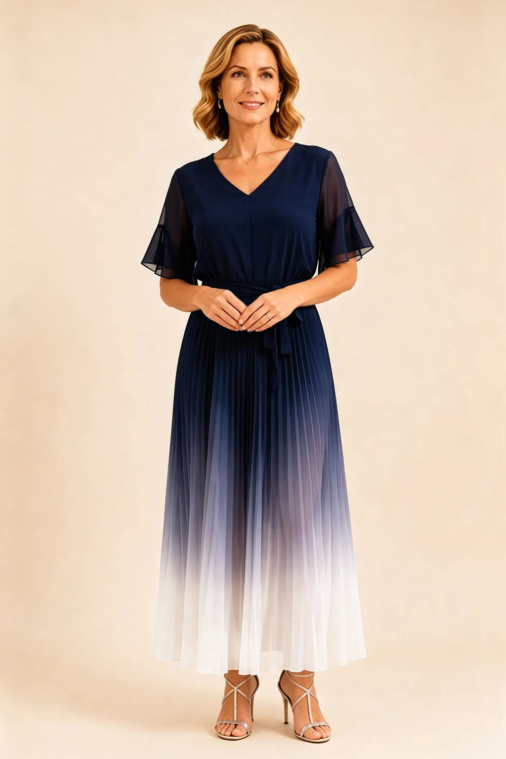 Tie Waist Chiffon Midi Dress with Flutter Sleeves