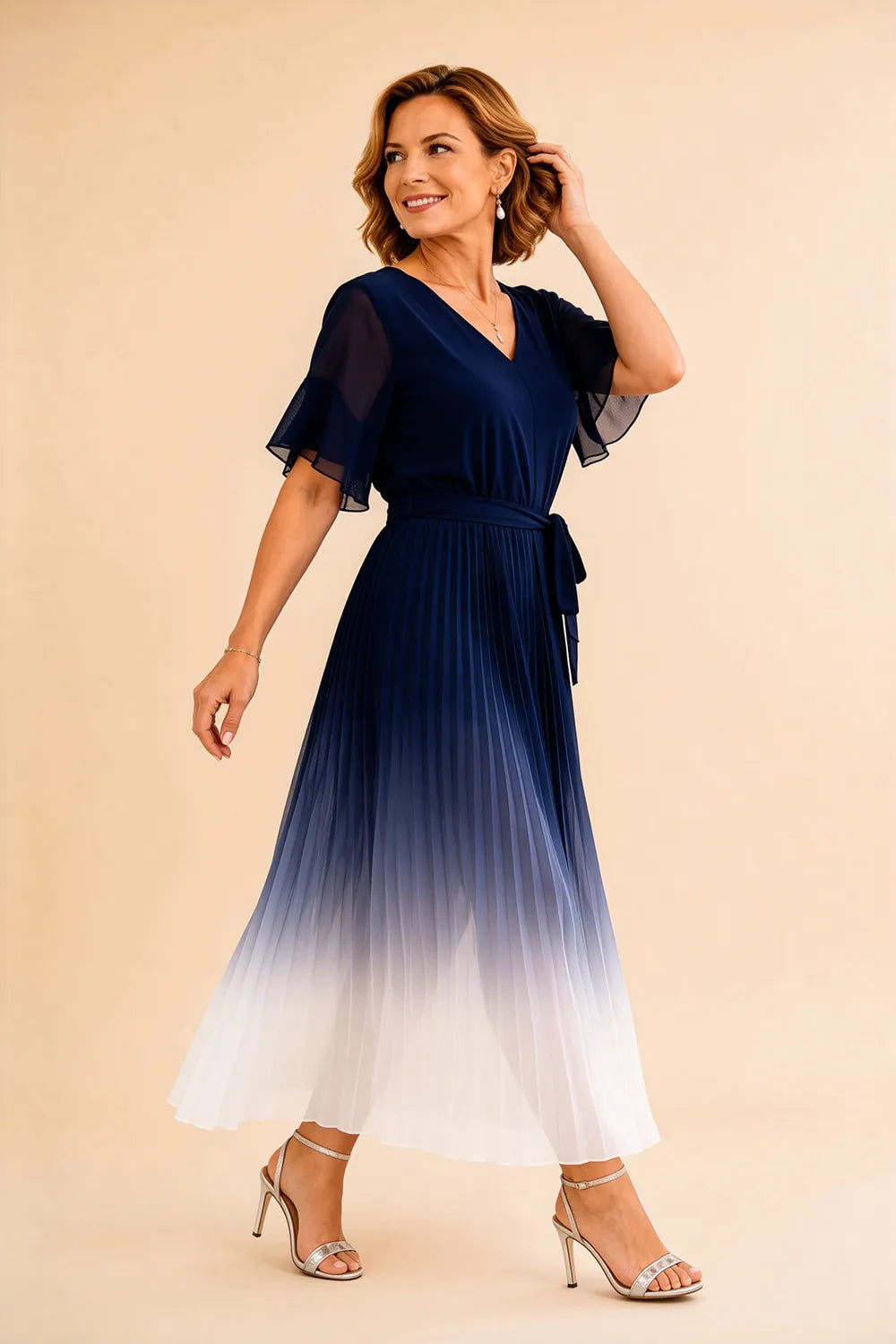 Tie Waist Chiffon Midi Dress with Flutter Sleeves