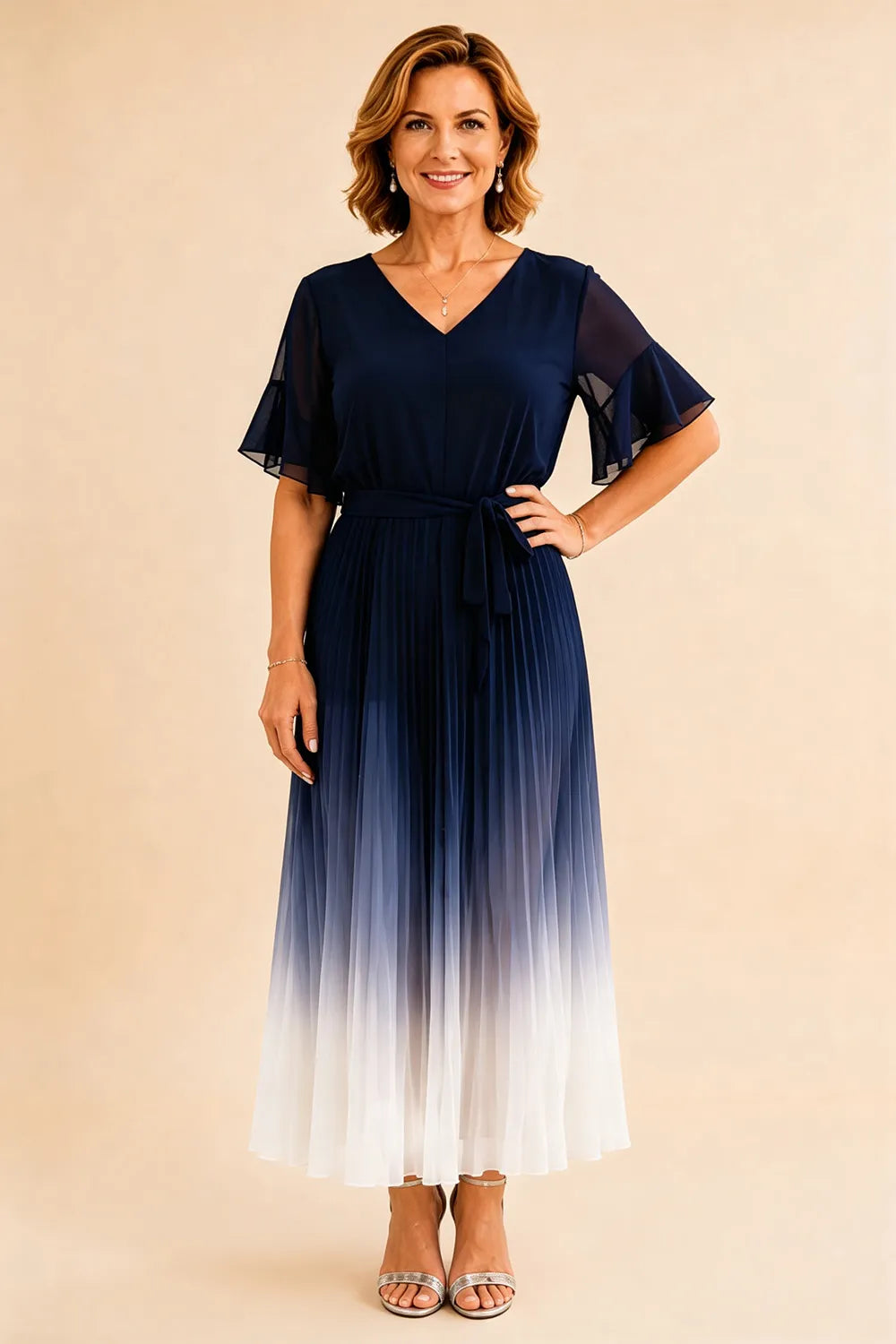 Tie Waist Chiffon Midi Dress with Flutter Sleeves