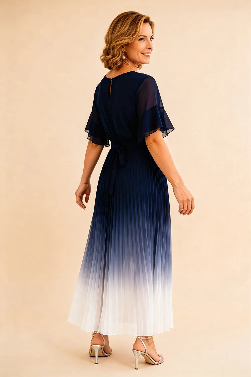 Tie Waist Chiffon Midi Dress with Flutter Sleeves