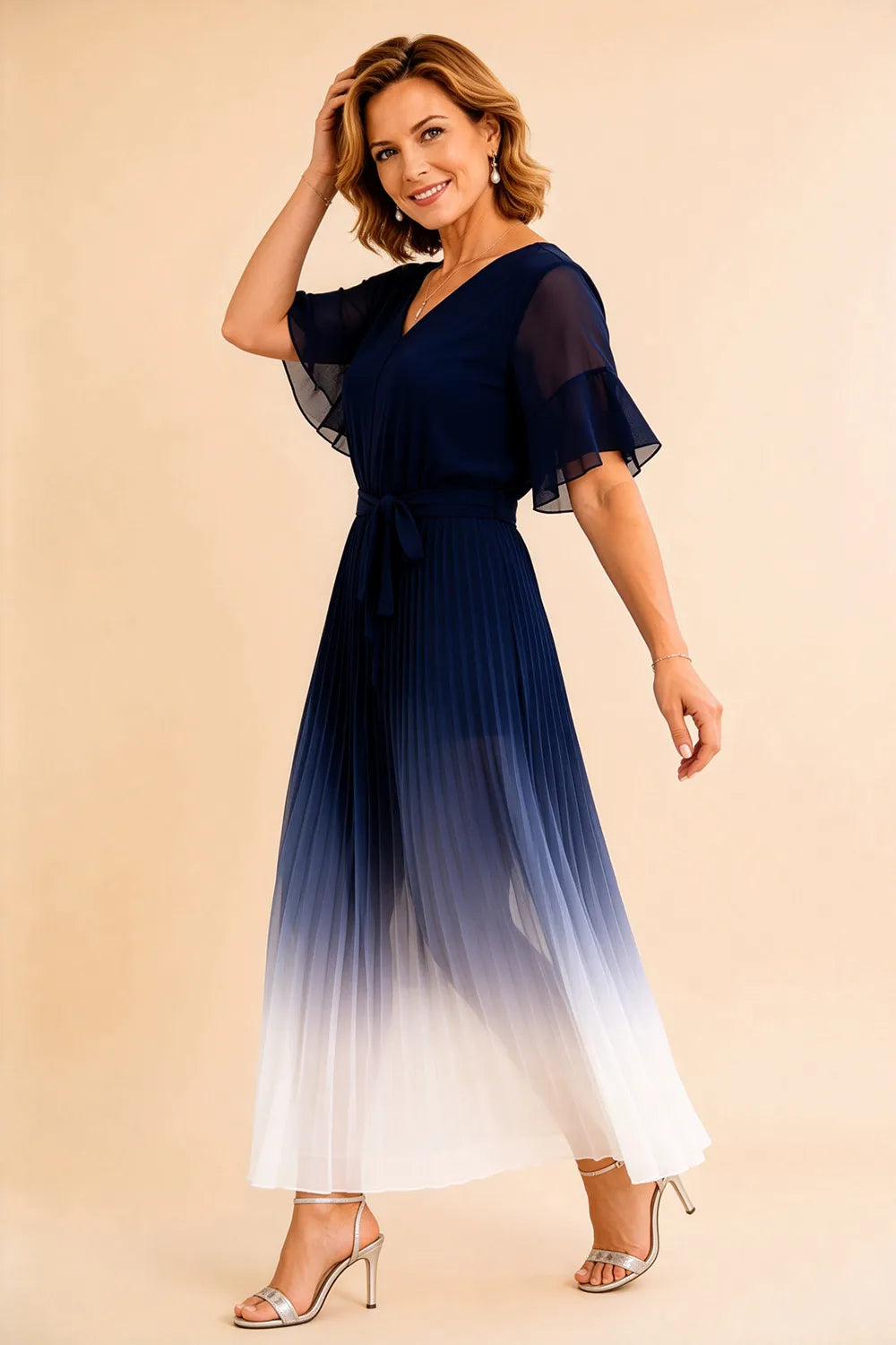 Tie Waist Chiffon Midi Dress with Flutter Sleeves