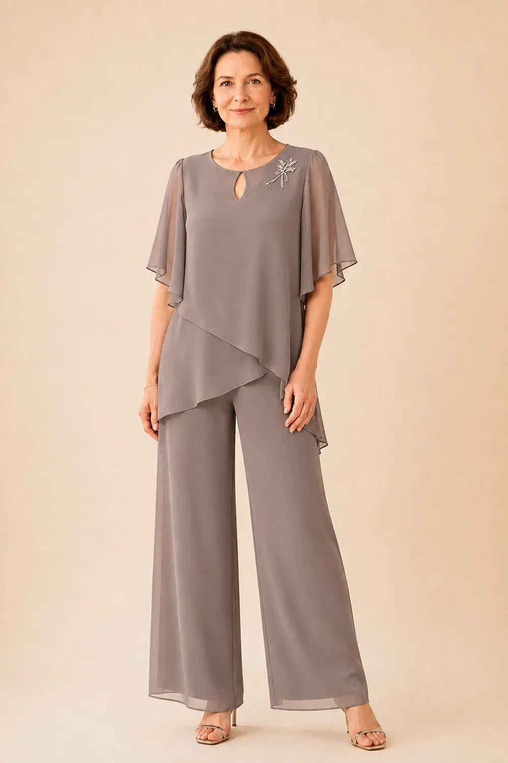 Embellished Keyhole Chiffon Overlay Pant Set