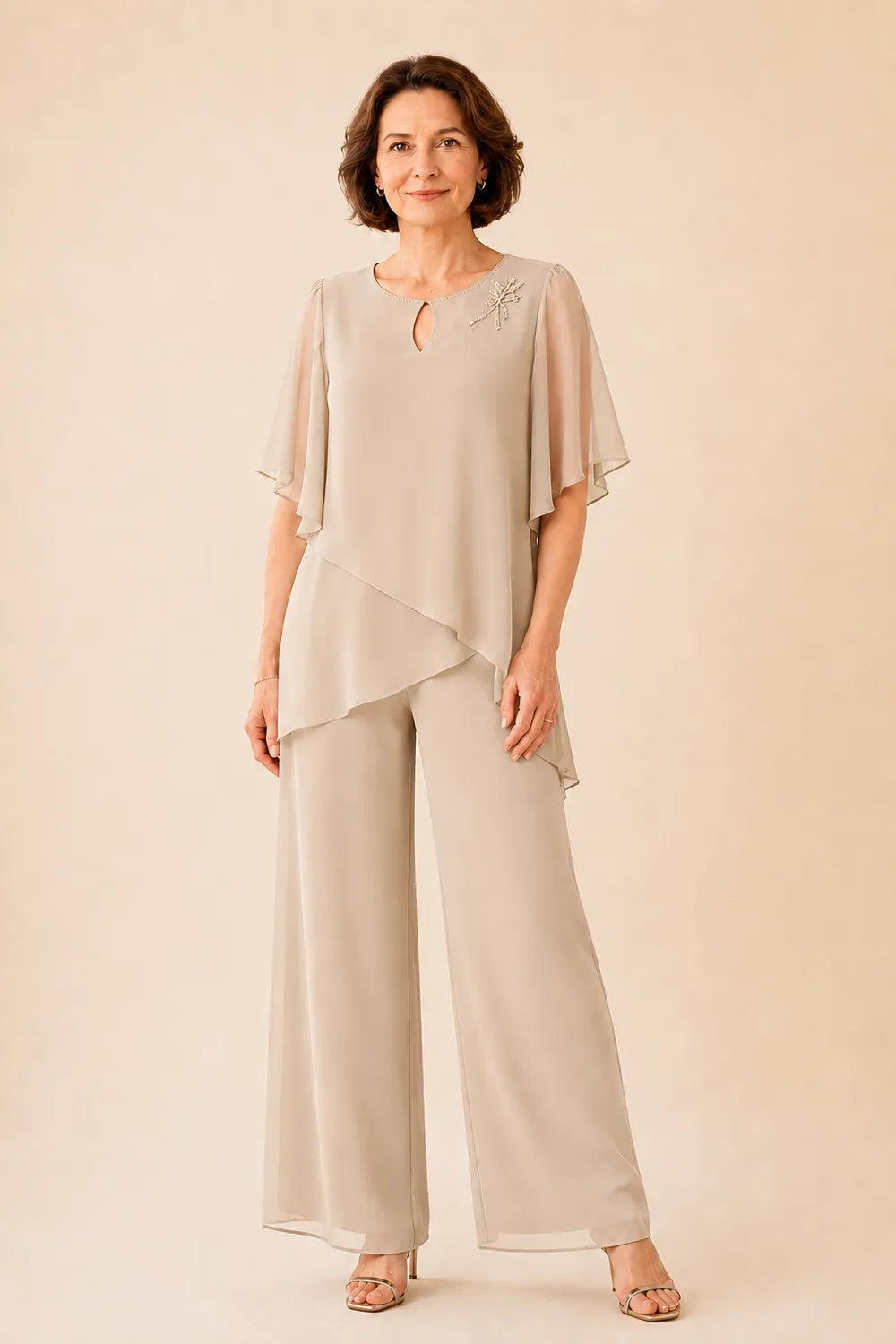 Embellished Keyhole Chiffon Overlay Pant Set
