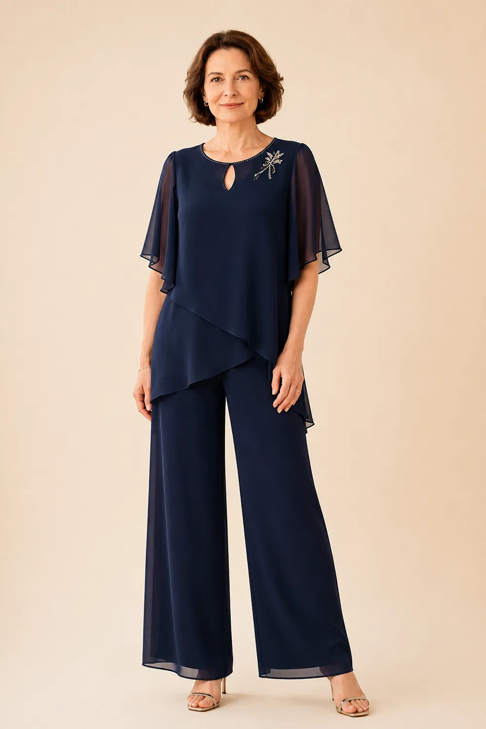 Embellished Keyhole Chiffon Overlay Pant Set