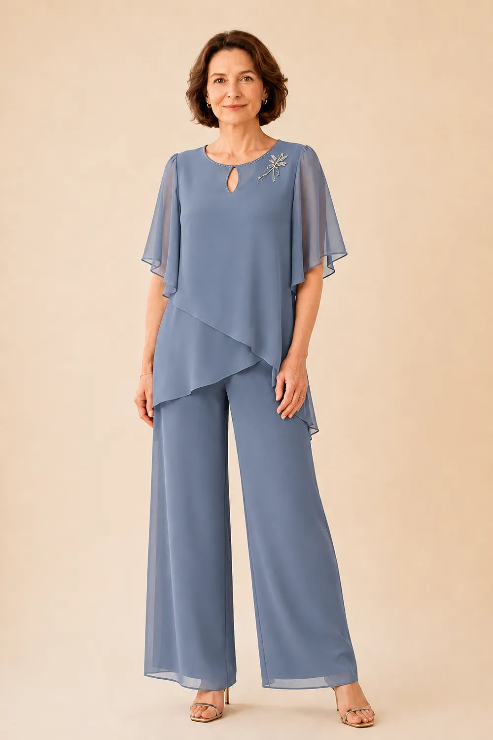 Embellished Keyhole Chiffon Overlay Pant Set