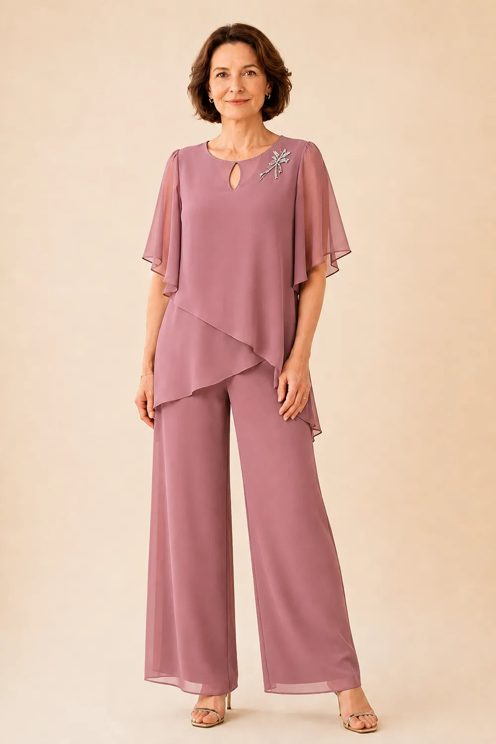 Embellished Keyhole Chiffon Overlay Pant Set