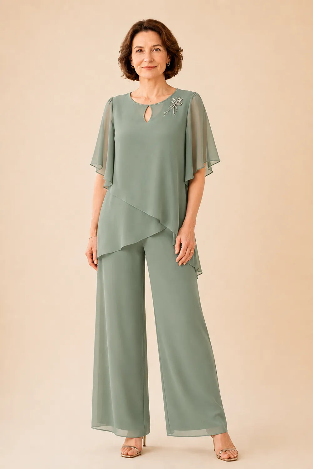 Embellished Keyhole Chiffon Overlay Pant Set