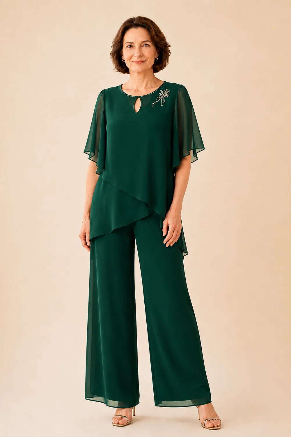 Embellished Keyhole Chiffon Overlay Pant Set