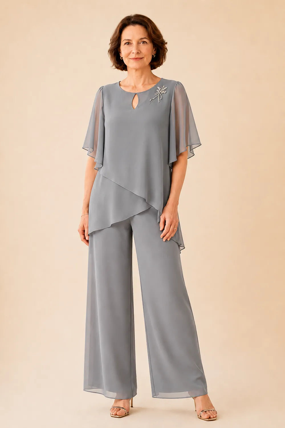 Embellished Keyhole Chiffon Overlay Pant Set