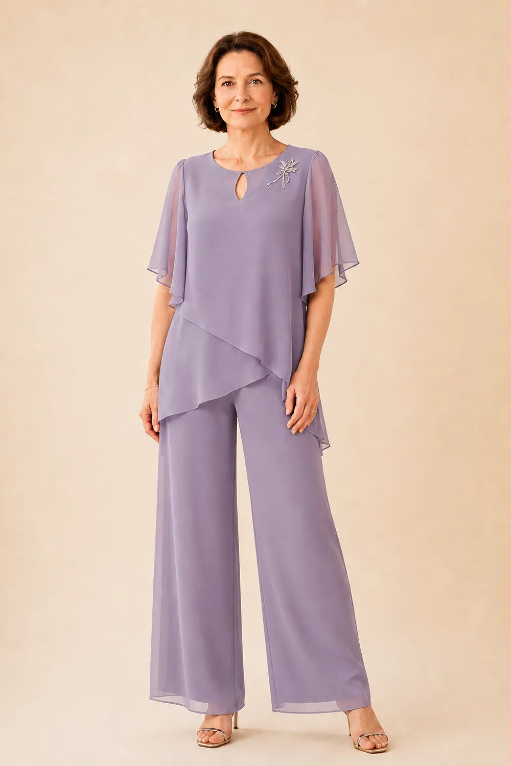 Embellished Keyhole Chiffon Overlay Pant Set