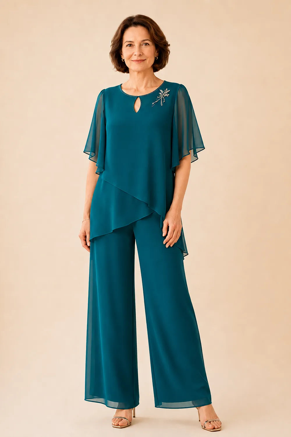 Embellished Keyhole Chiffon Overlay Pant Set