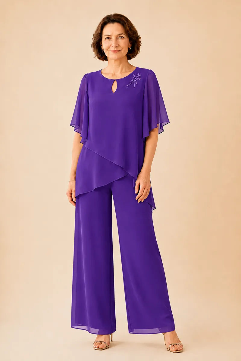 Embellished Keyhole Chiffon Overlay Pant Set