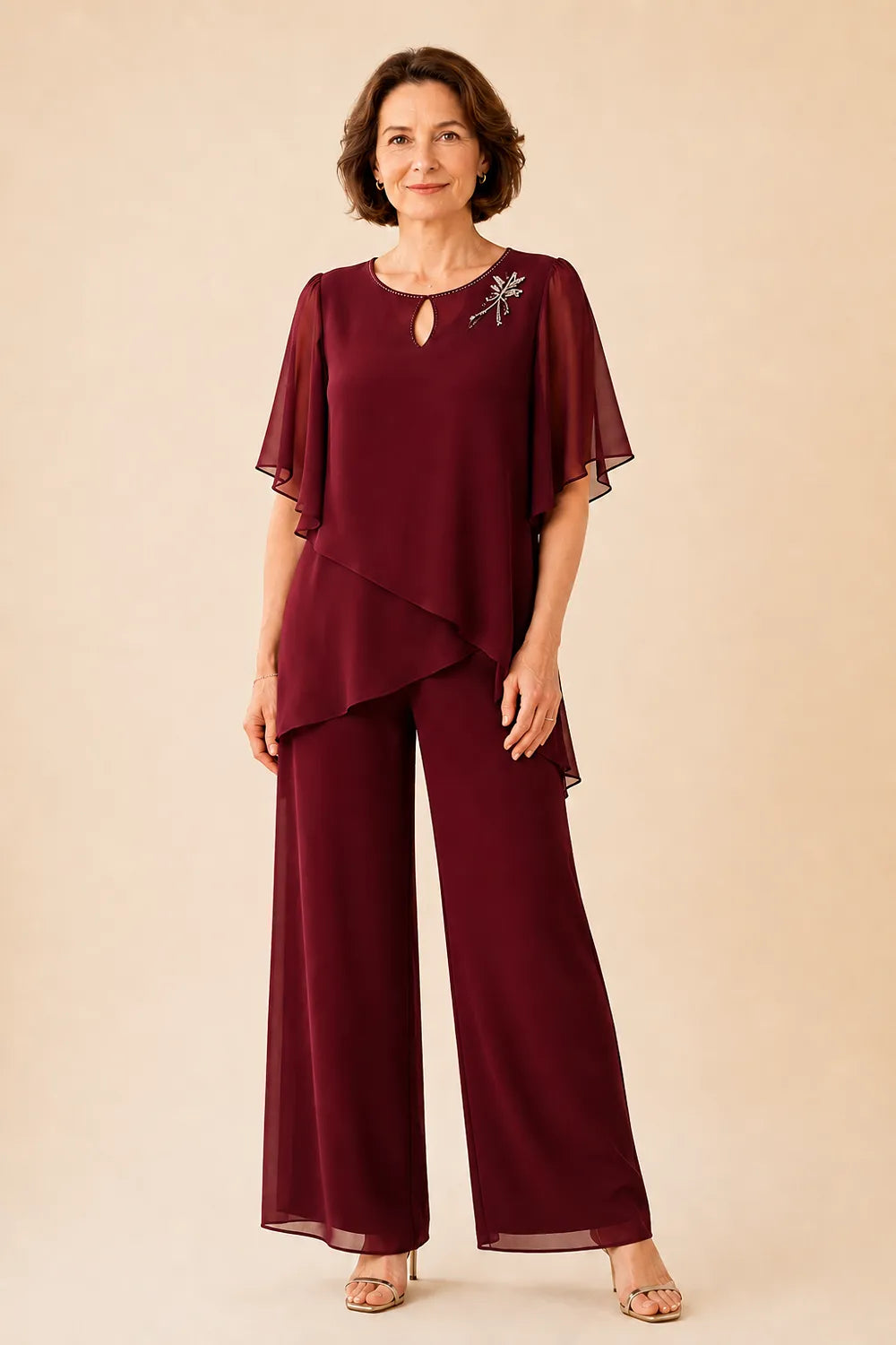 Embellished Keyhole Chiffon Overlay Pant Set