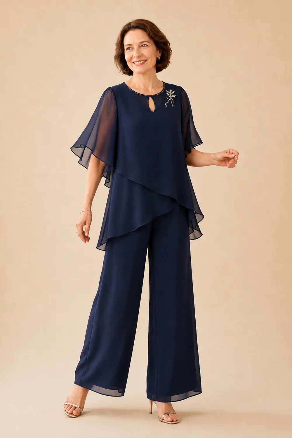 Embellished Keyhole Chiffon Overlay Pant Set