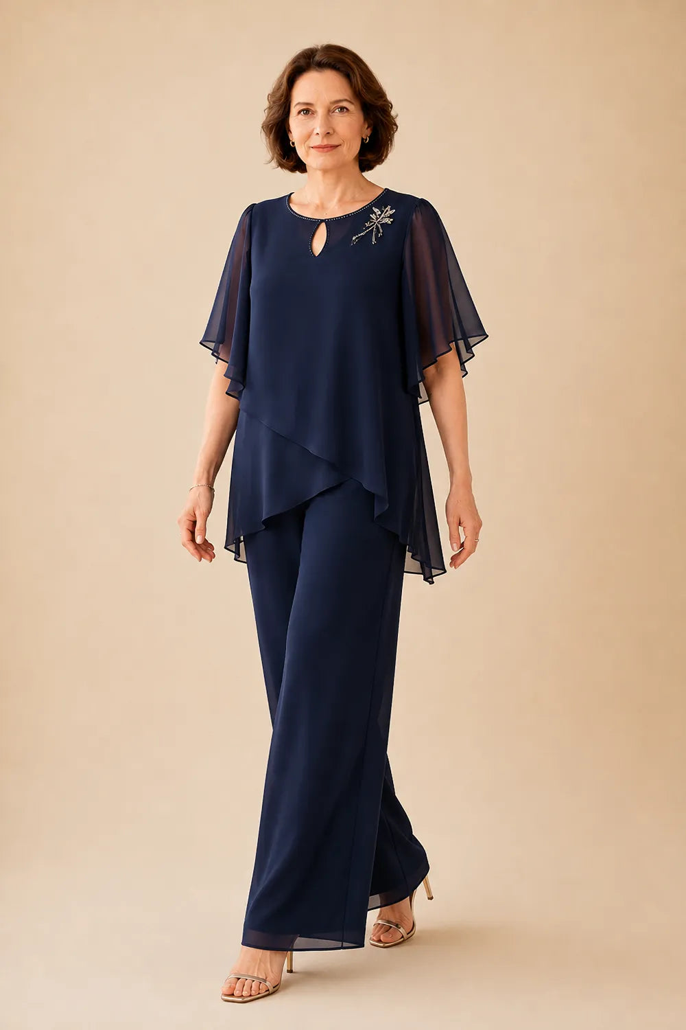 Embellished Keyhole Chiffon Overlay Pant Set