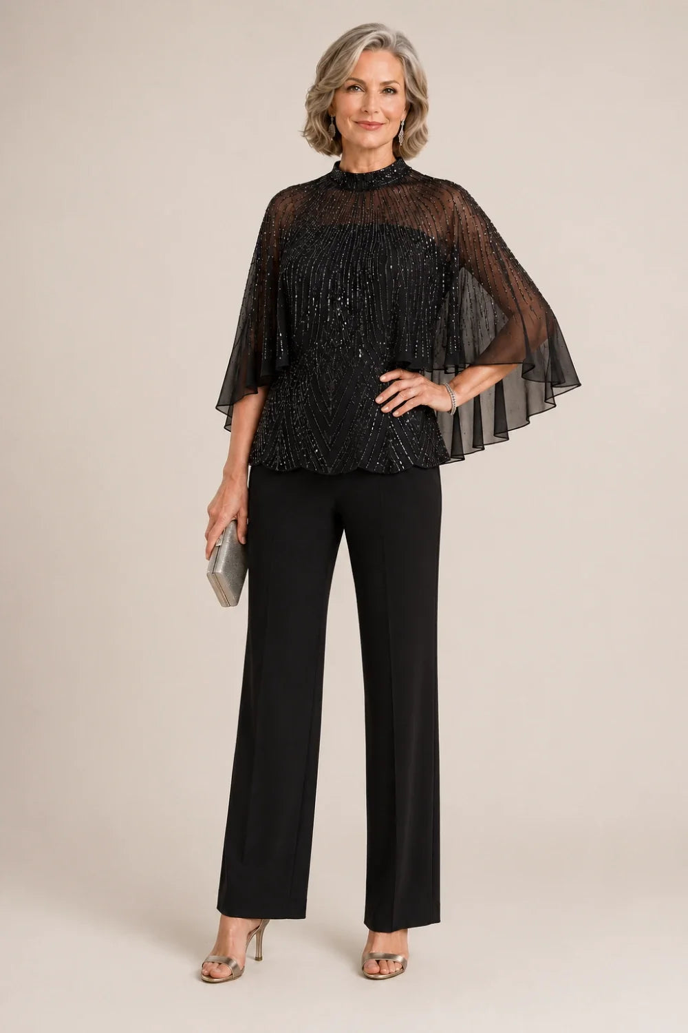 Sequin Mesh Capelet Pant Suit with High Neck