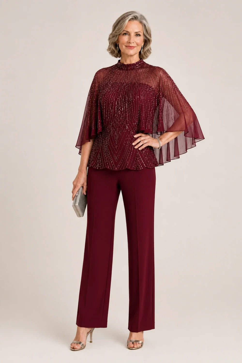 Sequin Mesh Capelet Pant Suit with High Neck
