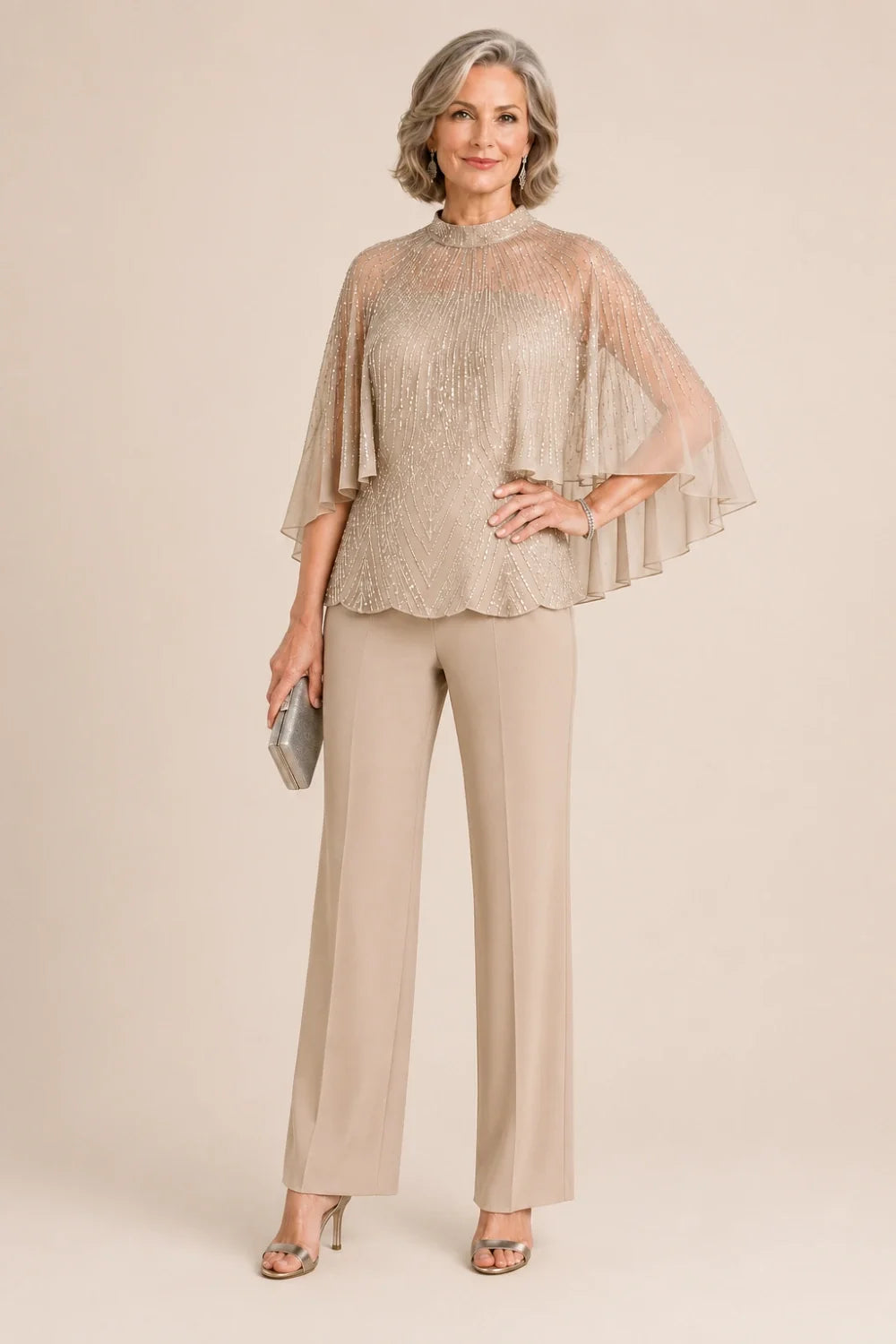 Sequin Mesh Capelet Pant Suit with High Neck