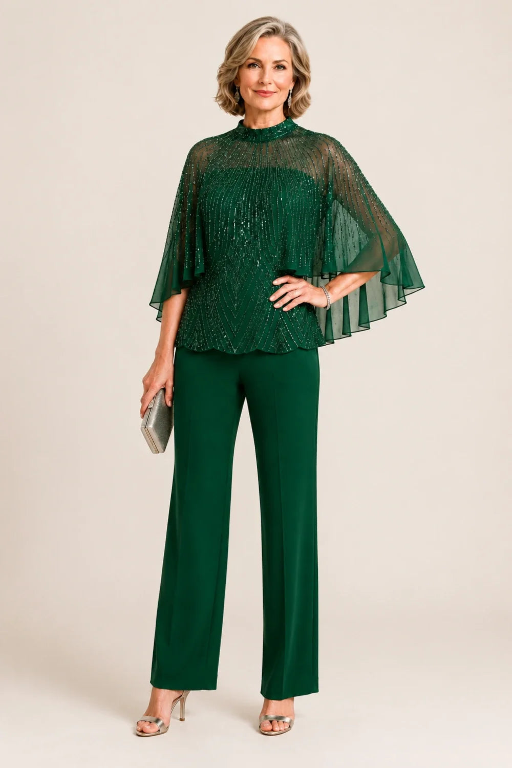 Sequin Mesh Capelet Pant Suit with High Neck