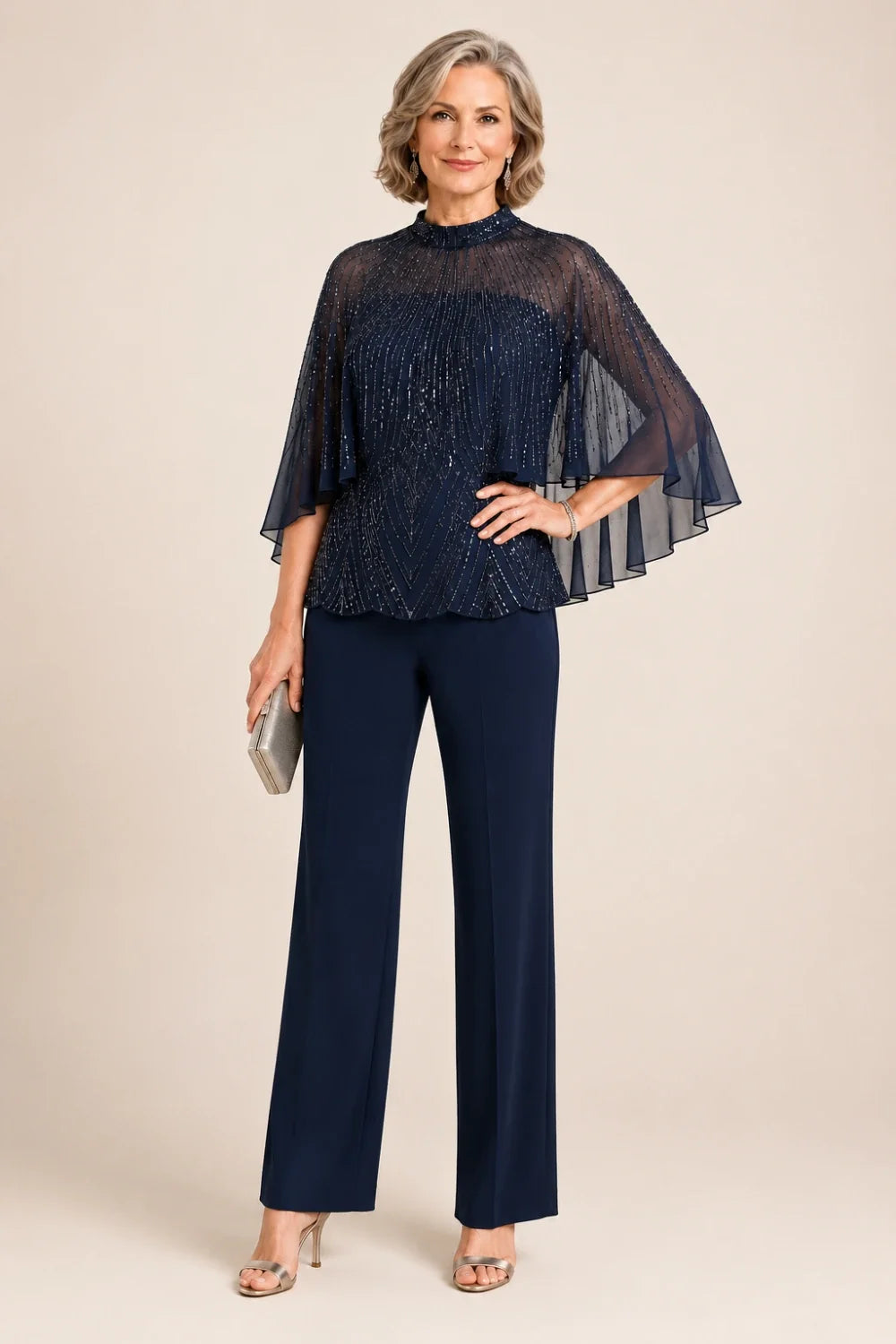 Sequin Mesh Capelet Pant Suit with High Neck
