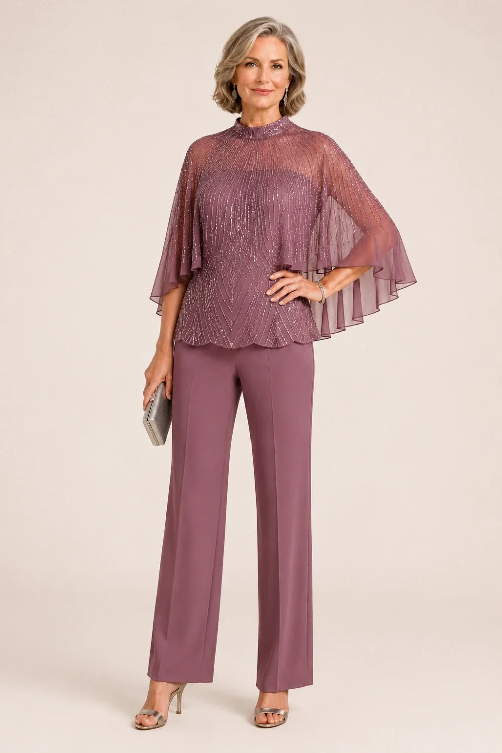 Sequin Mesh Capelet Pant Suit with High Neck