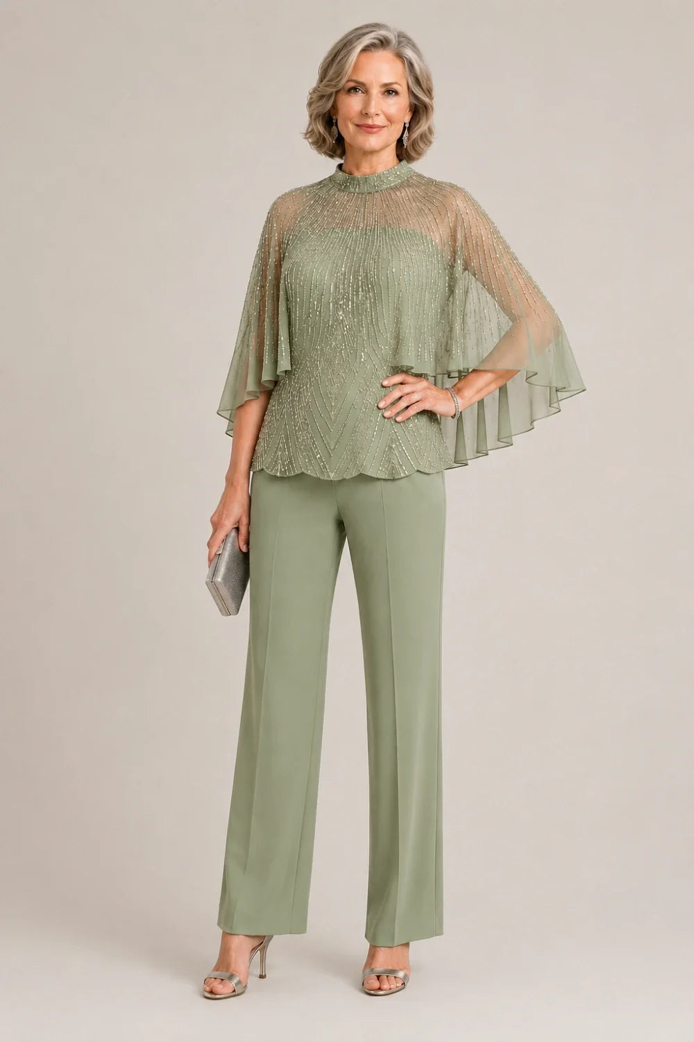 Sequin Mesh Capelet Pant Suit with High Neck