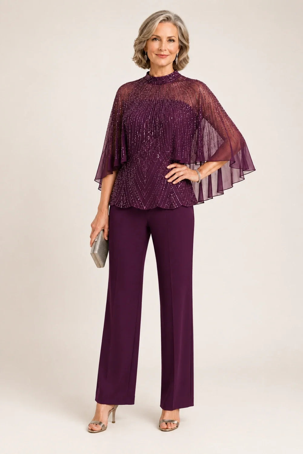 Sequin Mesh Capelet Pant Suit with High Neck