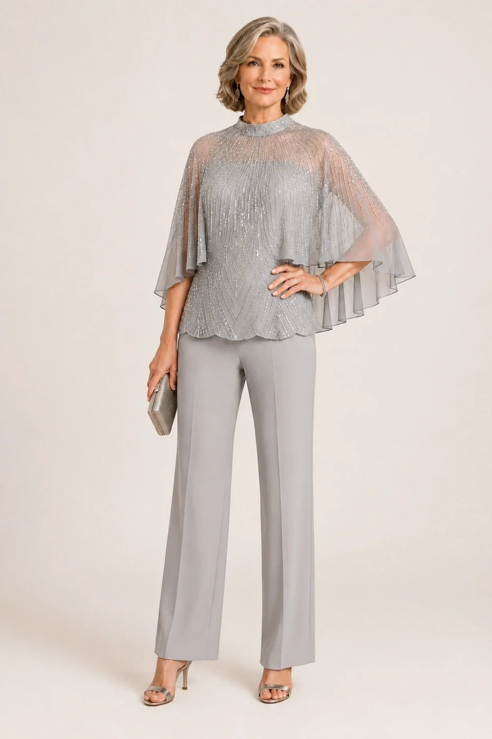 Sequin Mesh Capelet Pant Suit with High Neck