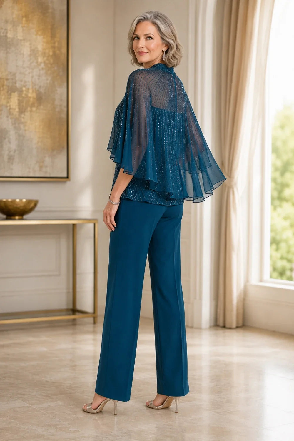 Sequin Mesh Capelet Pant Suit with High Neck
