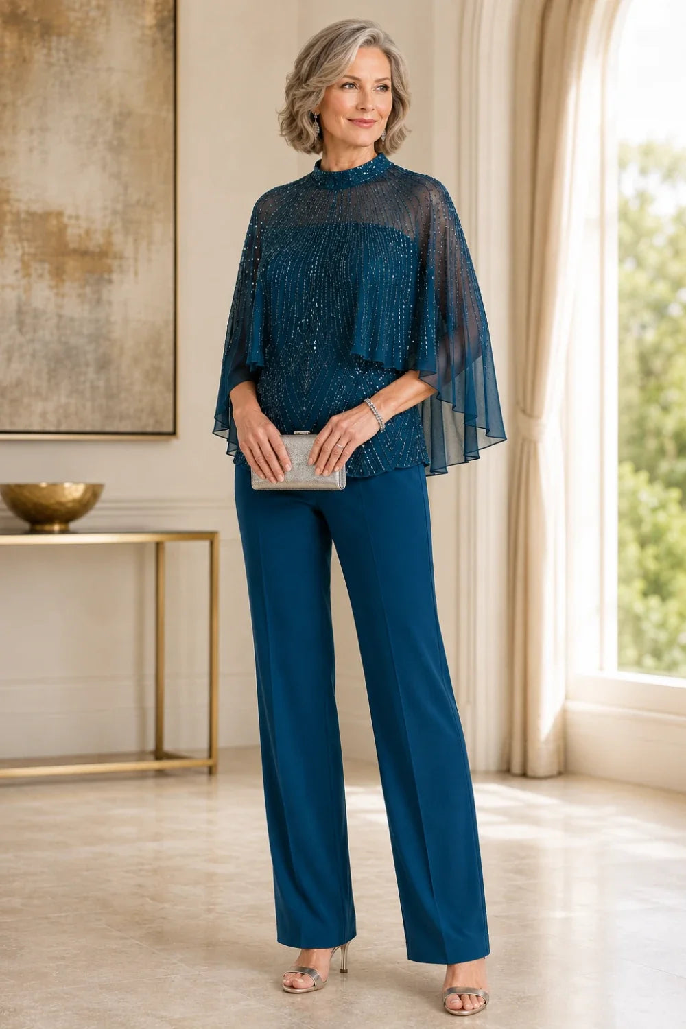 Sequin Mesh Capelet Pant Suit with High Neck