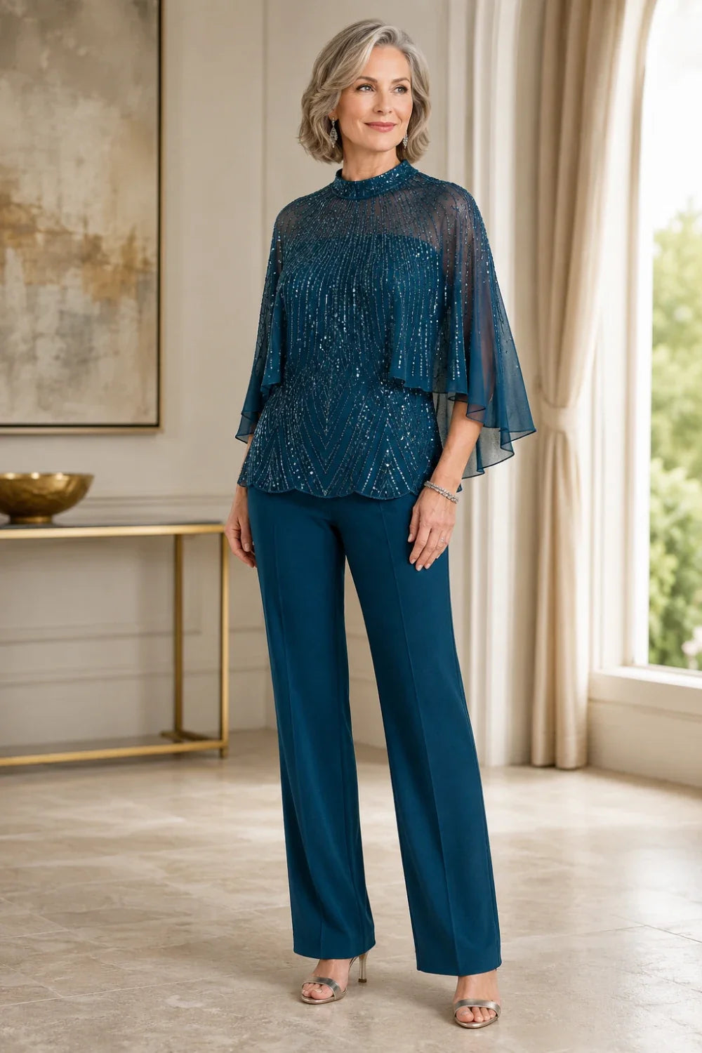 Sequin Mesh Capelet Pant Suit with High Neck