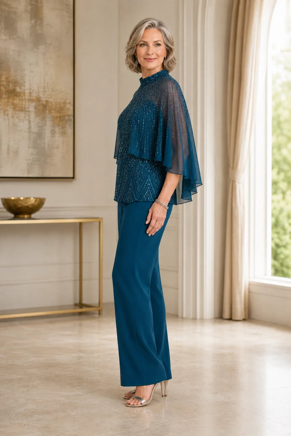 Sequin Mesh Capelet Pant Suit with High Neck