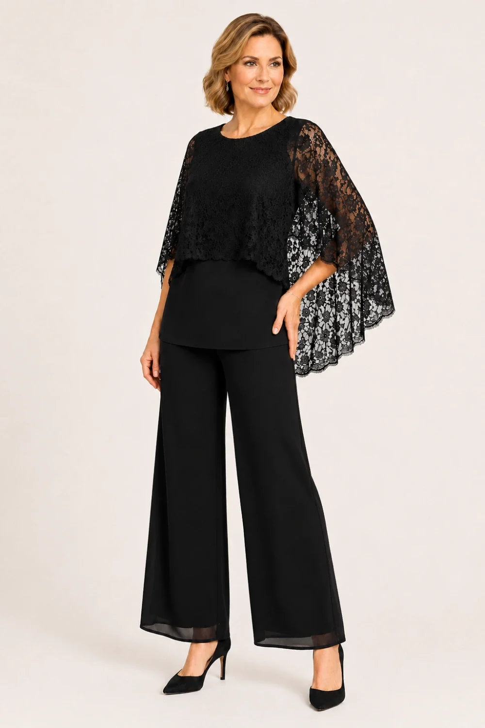 Lace Cape Mother of the Bride Pant Suit with Wide Legs