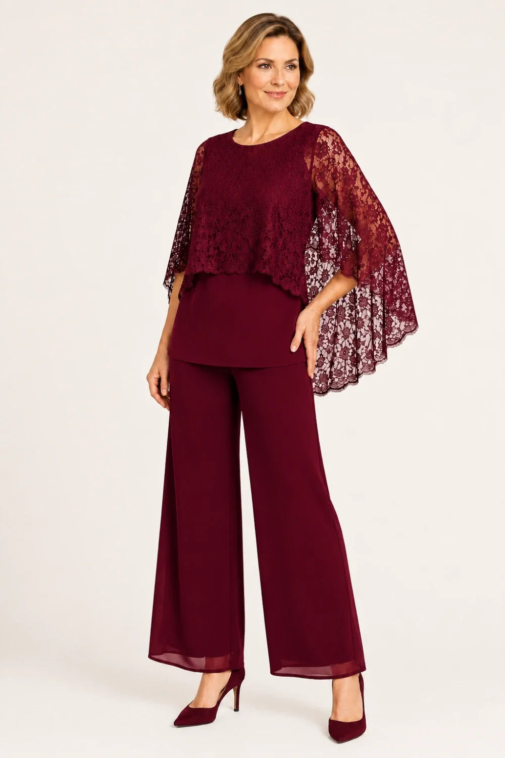 Lace Cape Mother of the Bride Pant Suit with Wide Legs