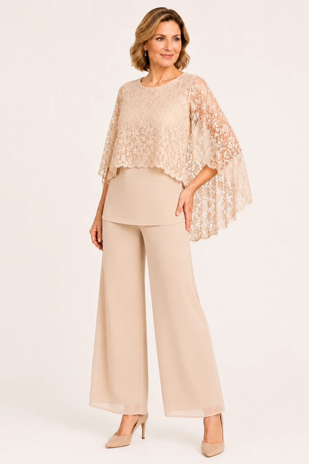 Lace Cape Mother of the Bride Pant Suit with Wide Legs
