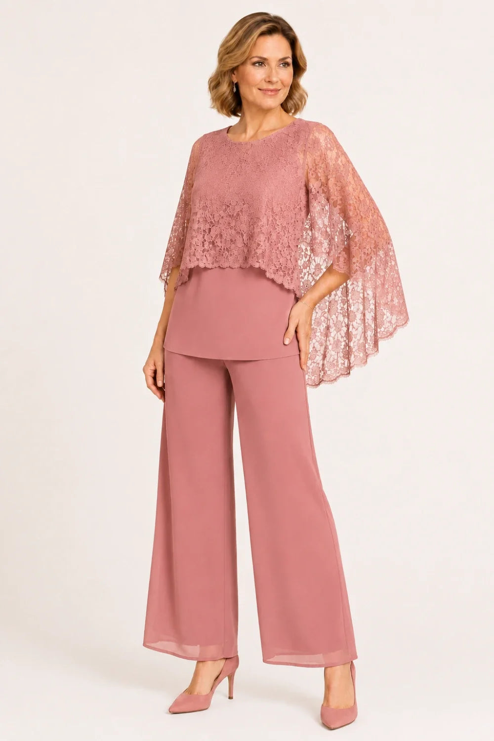 Lace Cape Mother of the Bride Pant Suit with Wide Legs