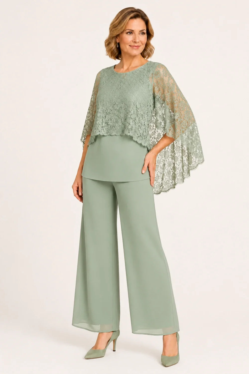Lace Cape Mother of the Bride Pant Suit with Wide Legs