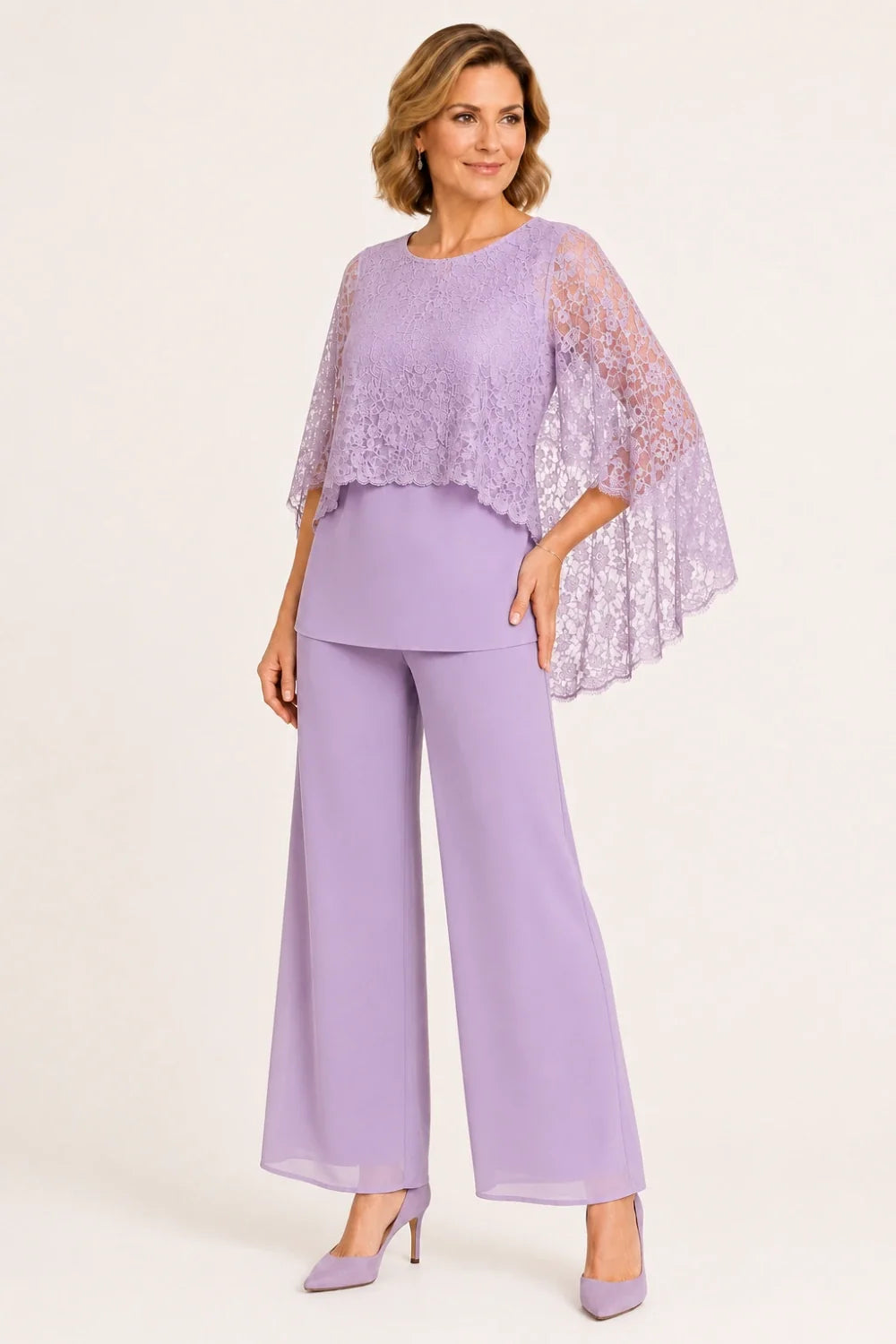 Lace Cape Mother of the Bride Pant Suit with Wide Legs