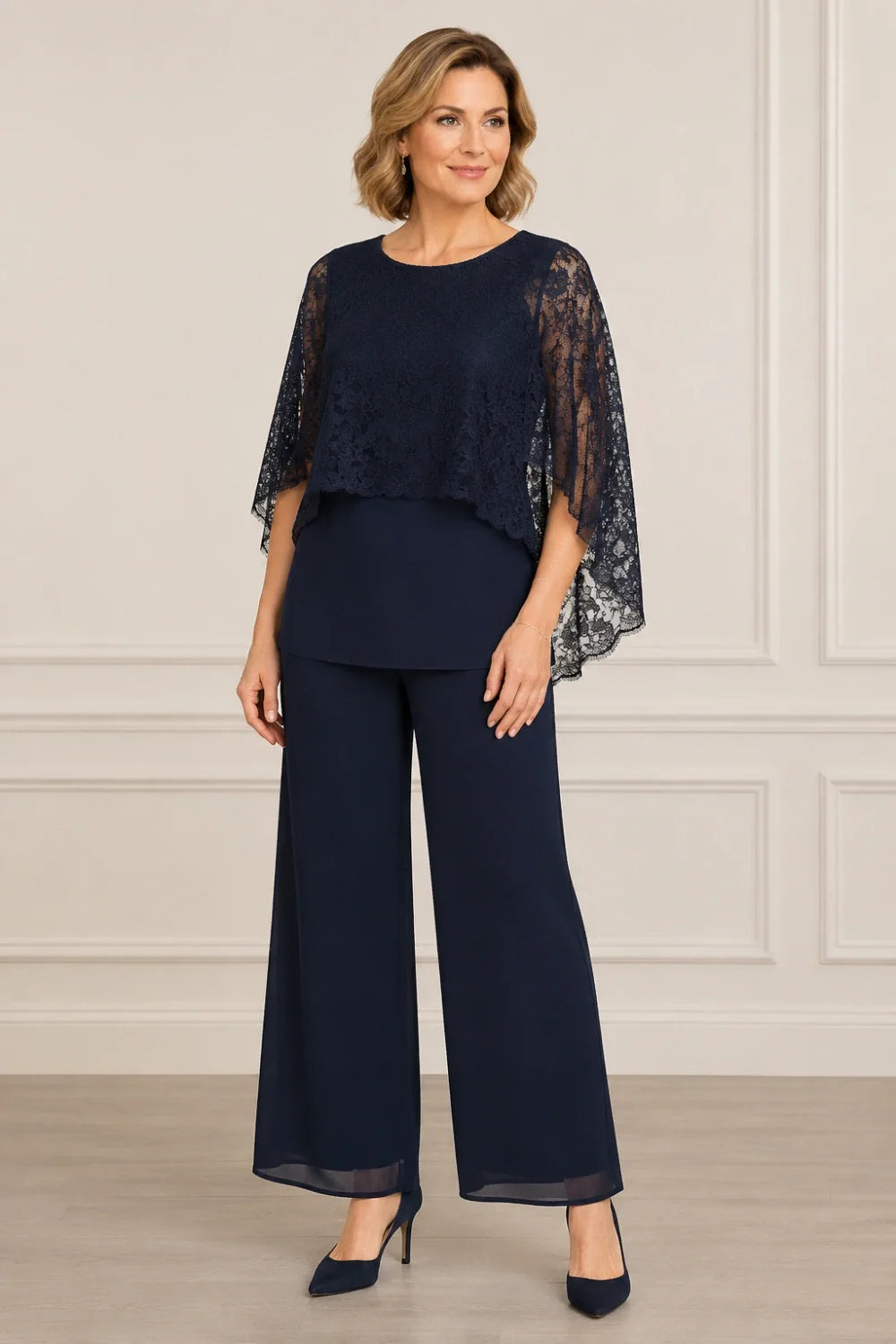 Lace Cape Mother of the Bride Pant Suit with Wide Legs