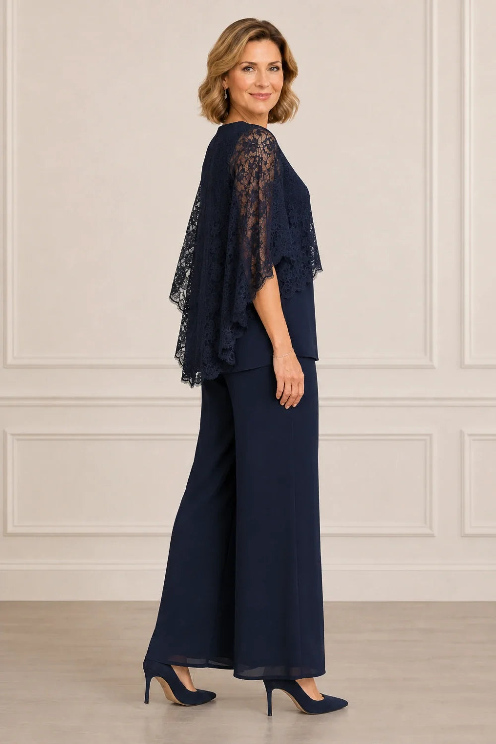 Lace Cape Mother of the Bride Pant Suit with Wide Legs