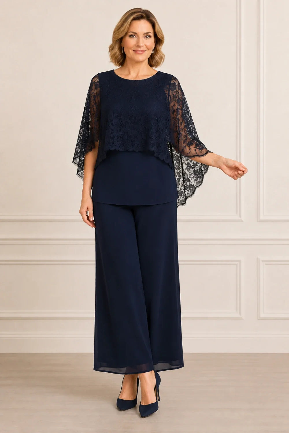 Lace Cape Mother of the Bride Pant Suit with Wide Legs